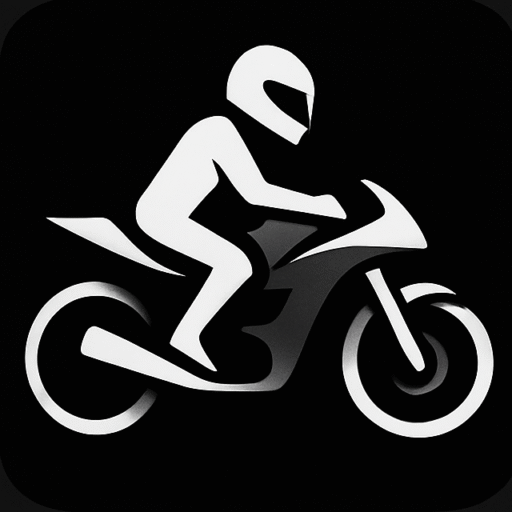 Icône stylisée d’un motard en blanc sur une moto moderne, sur fond noir.